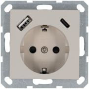 Розетка Shuko 16А с заземл. защ. шторки с 2-мя заряд. устройствами USB тип A+C 25Вт механизм тауп Jasmart G5501USB-25T